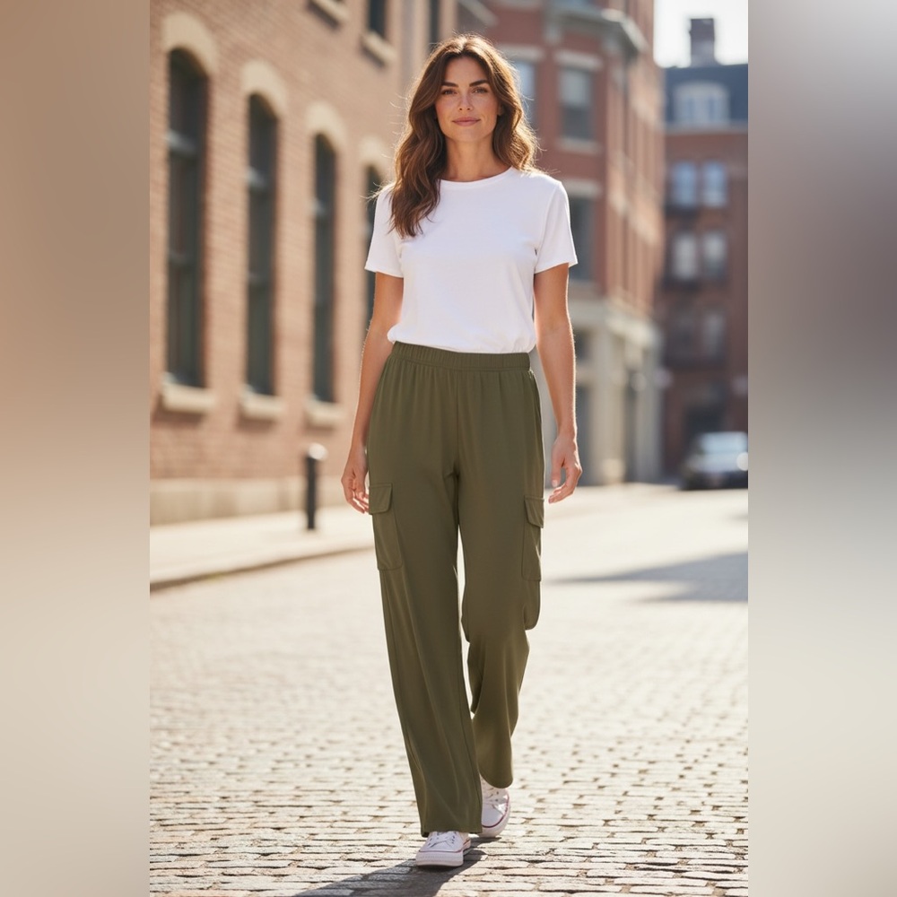 Lisa Rinna Pull-On Wide Leg Cargo Pants Women Small Green Comfy Lounge Lagenlook - Picture 10 of 15